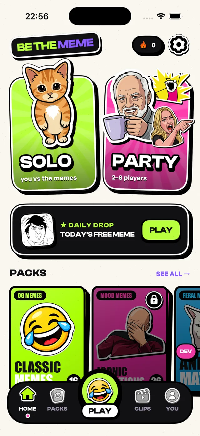 Home screen — Solo and Party modes