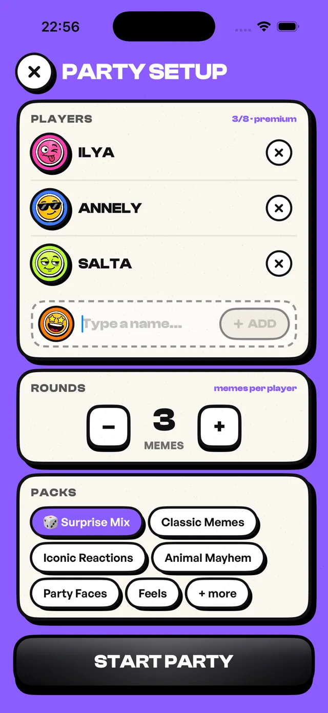 Party setup — add 2 to 8 players